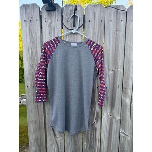 LuLaRoe Randy Baseball Tee Heather Grey Purple Patterned Raglan Sleeve Small